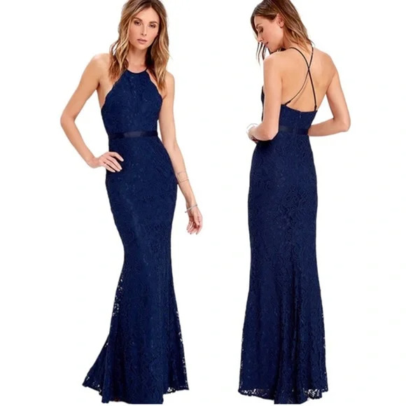 Lulus Maxi Gown Dress XS Navy Blue Lace Zenith Trumpet Hem Cocktail Formal - Picture 4 of 12